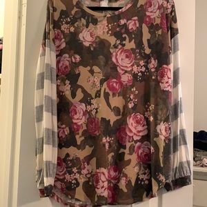 Long sleeve floral, camo and striped top.